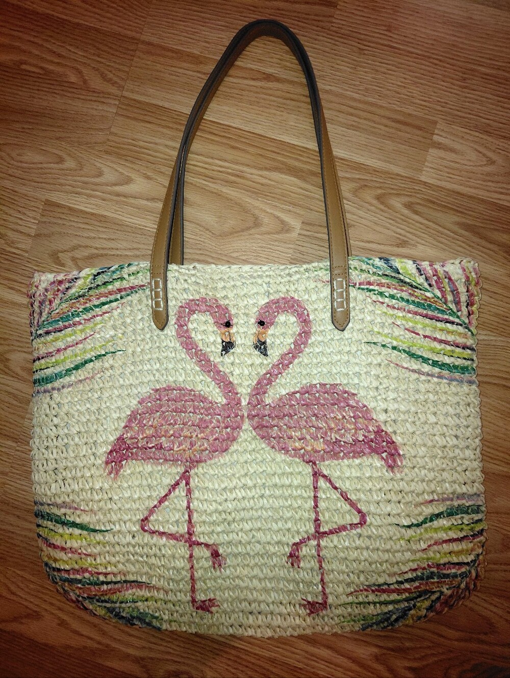 Excellent Cndtn INC International Concepts Straw Tote Pink Flamingos Tan Handles